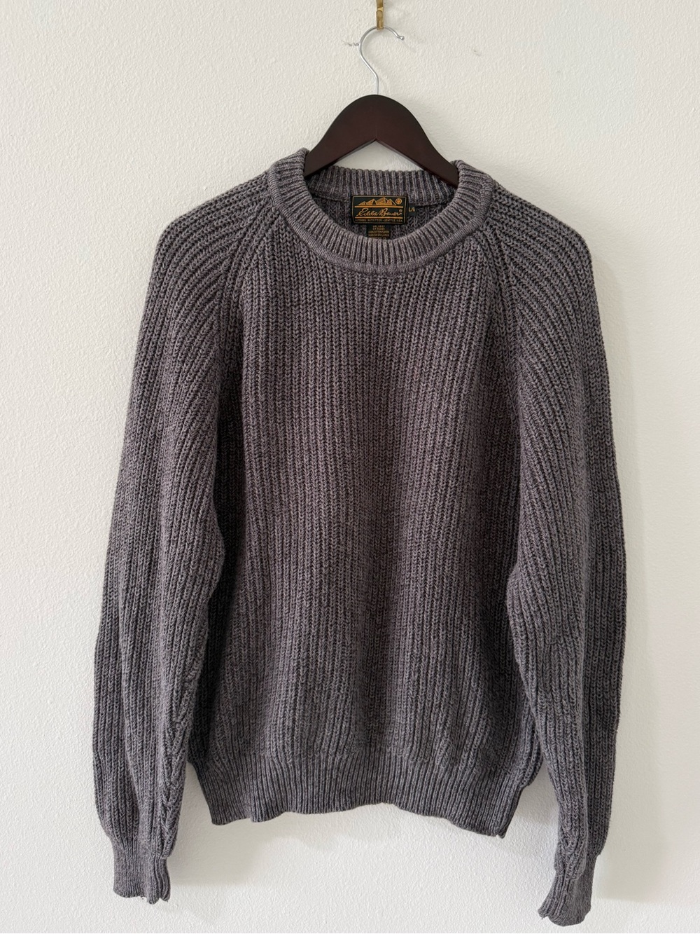 VTG 90s Eddie Bauer Black Tag 100% Cotton Raglan Shaker Knit Sweater Charcoal L